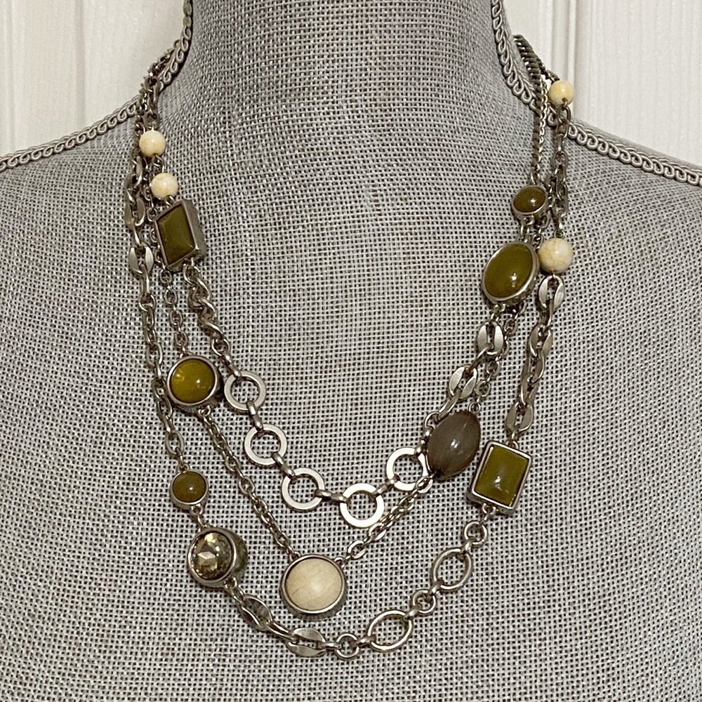 LOFT Earth Tone Multi-Layered Necklace with Olive Brown & Cream Gems